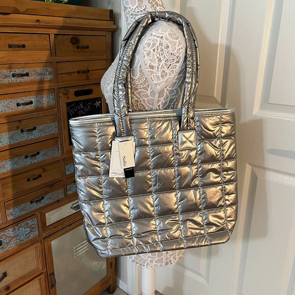 Quilted Puffer Tote - Silver - Double Handle- XL- Lightweight -NWT - Picture 3 of 9